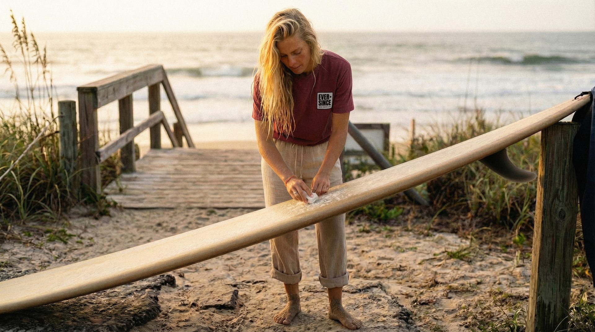 Sage waxing a surfboard wearing EverSince apparel — coastal lifestyle
